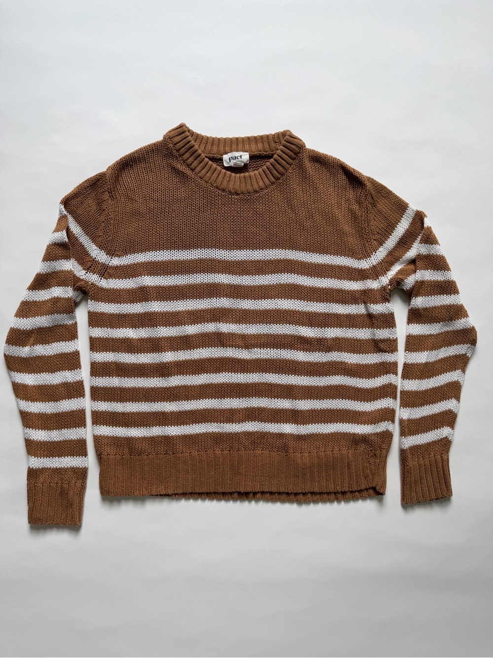 Pact Womens Organic Cotton Camel Laguna Stripe Open-Knit Crew Sweater Pullover S
